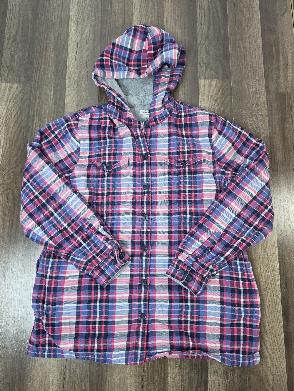 L.L. Bean Fleece Lined Flannel Hoodie Shacket Plaid Cabincore Fall Fireside. M